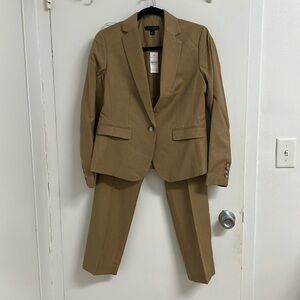 NWT Ann Taylor beige suit (blazer + pant set). Size 2 blazer, size 2P pants.